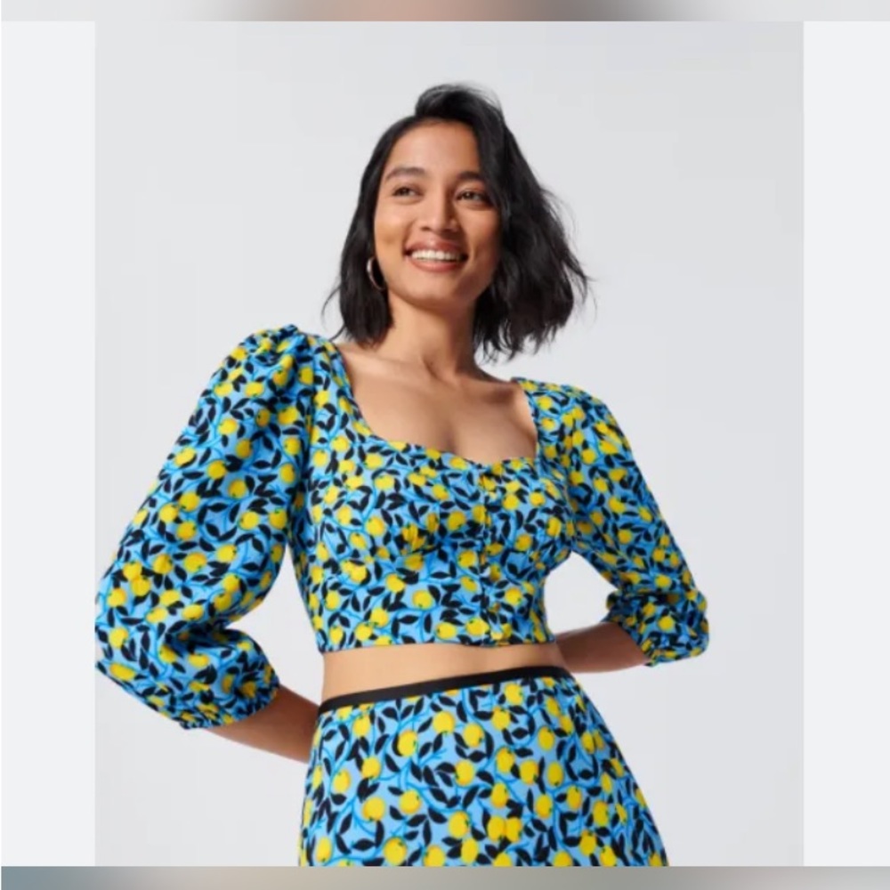 NWT DIANE VON FURSTENBERG Blue & Yellow Nectarine Dover Cropped Top Sz 12 $268